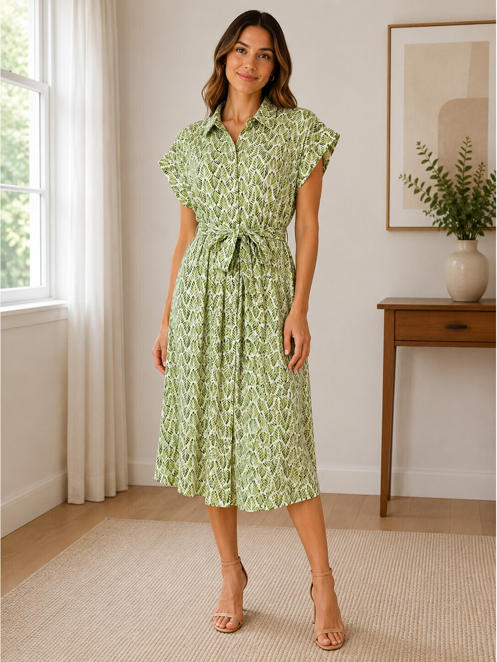 Ophelia Roe Shirt Dress Womens M Green Leaf Print Belted Boho Resort Casual Midi